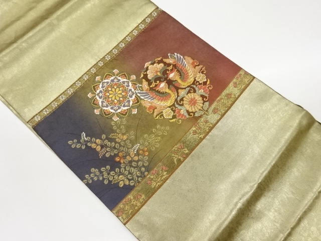 高島織物製　青銅箔向かい鳥に華紋模様織出し名古屋帯